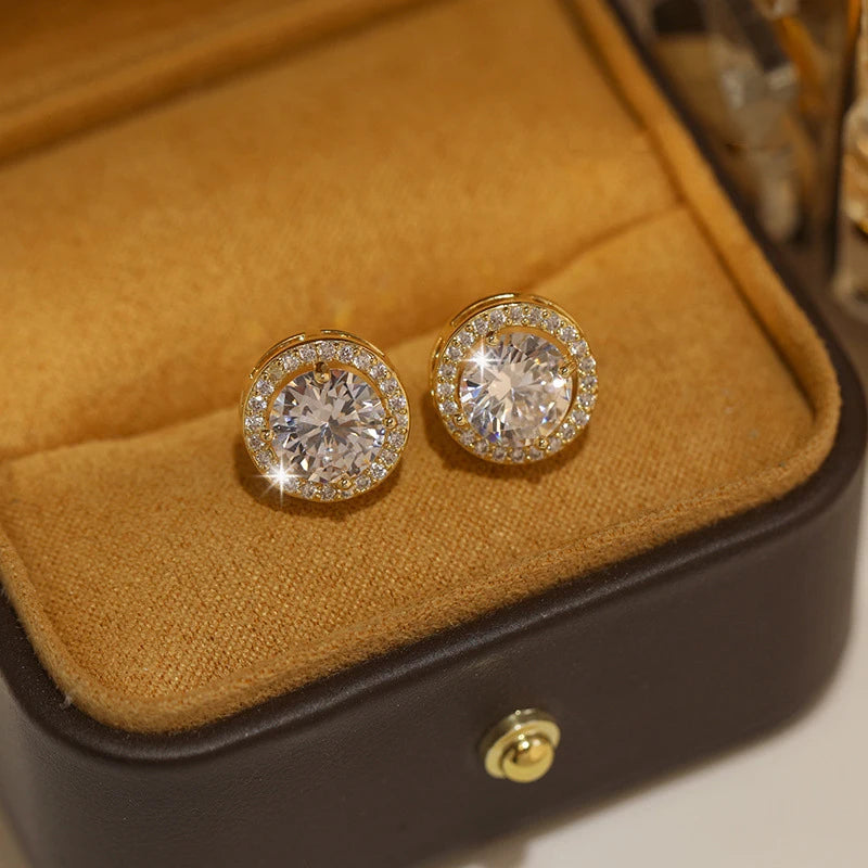 White Zircon Stud Earrings — Gold Plated